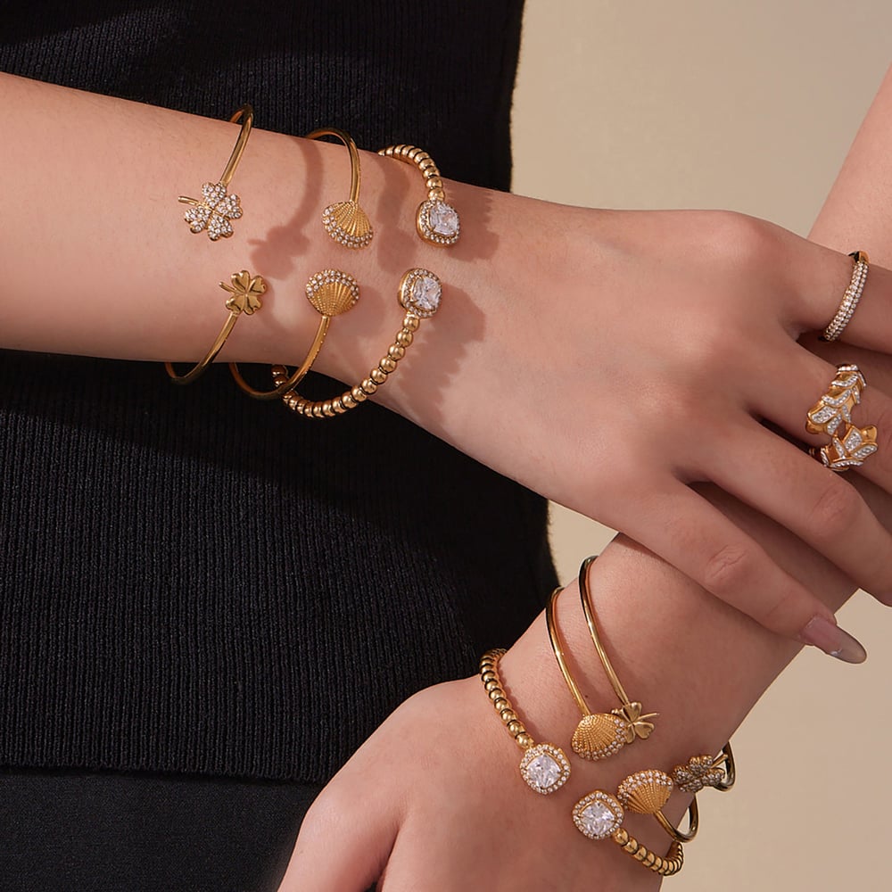 1 stuk prachtige schelp roestvrij staal goudkleurige zirkoon dames manchet armbanden Afbeelding5