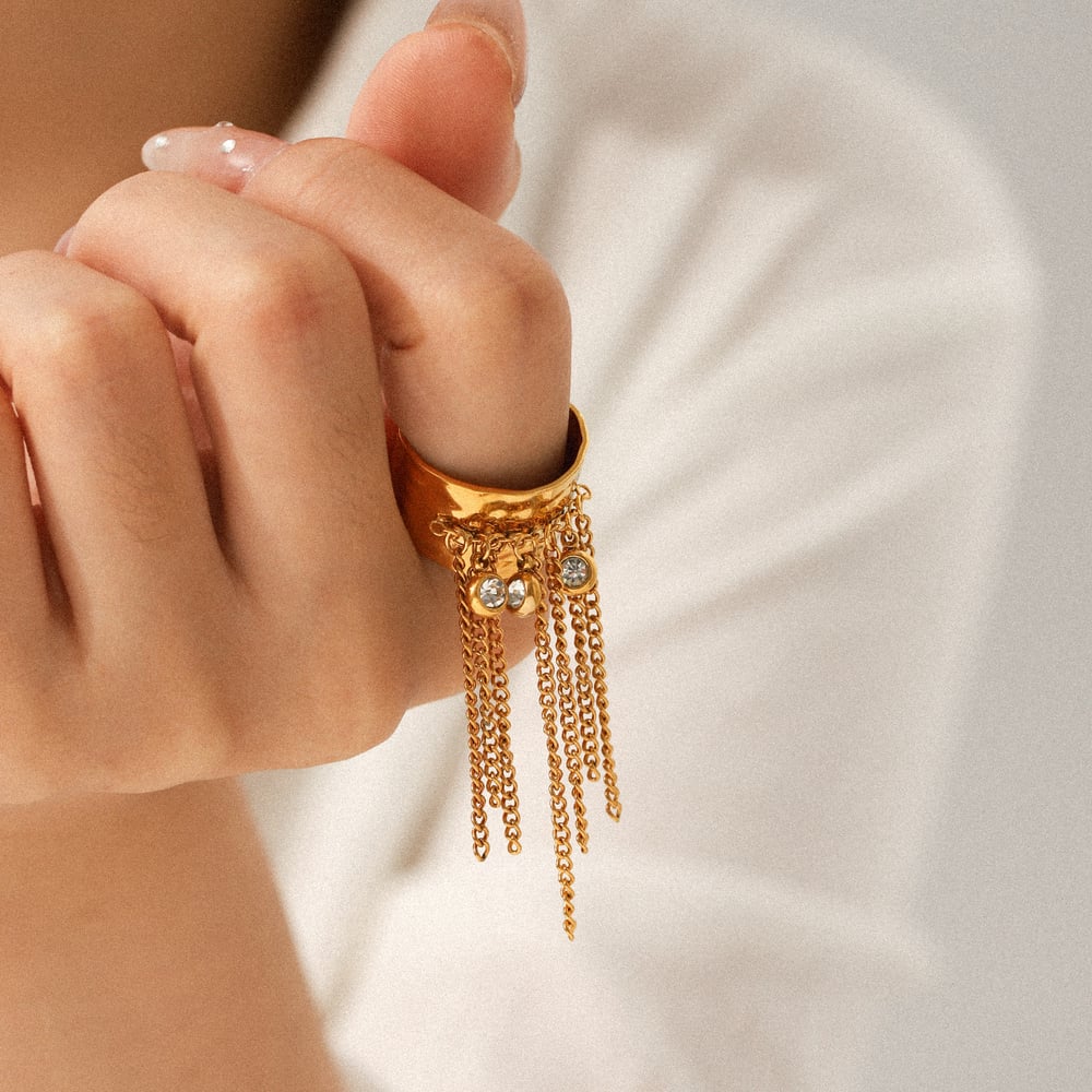 1 Piece Tassel Stainless Steel  Gold Color Zircon Statement Ring h5Picture3