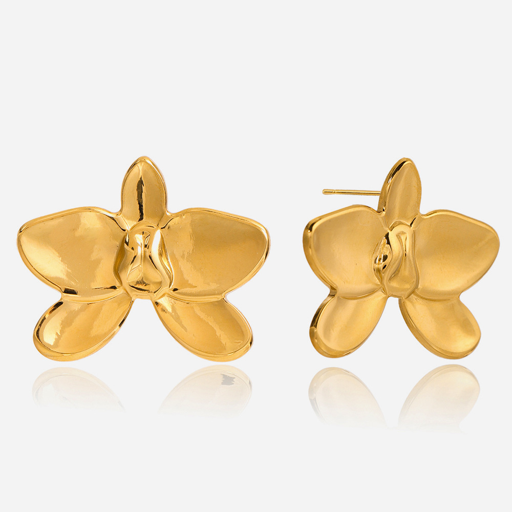 1 Pair Luxurious Phalaenopsis Stainless Steel Gold Color Women's Stud Earrings