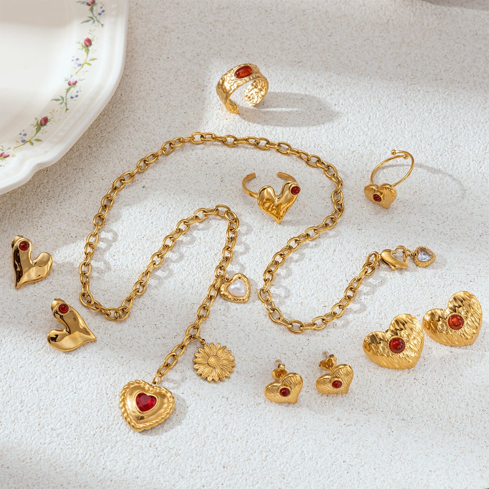 Herz Edelstahl Rot Achat Halsketten Set Bild2