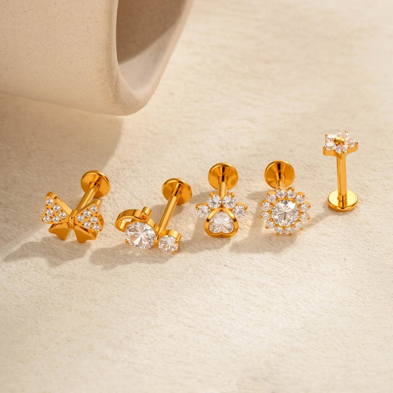 1 Piece Bow Knot Titanium Alloy Gold Color Zircon Women's Piercing Earrings Picture3