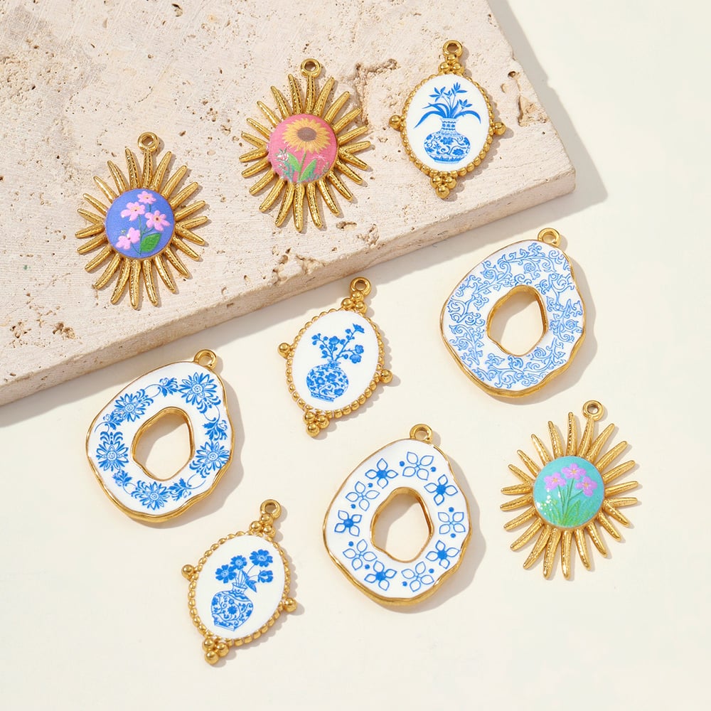 1 Piece Blue&White Porcelain Pattern Stainless Steel Women's Pendants Picture3