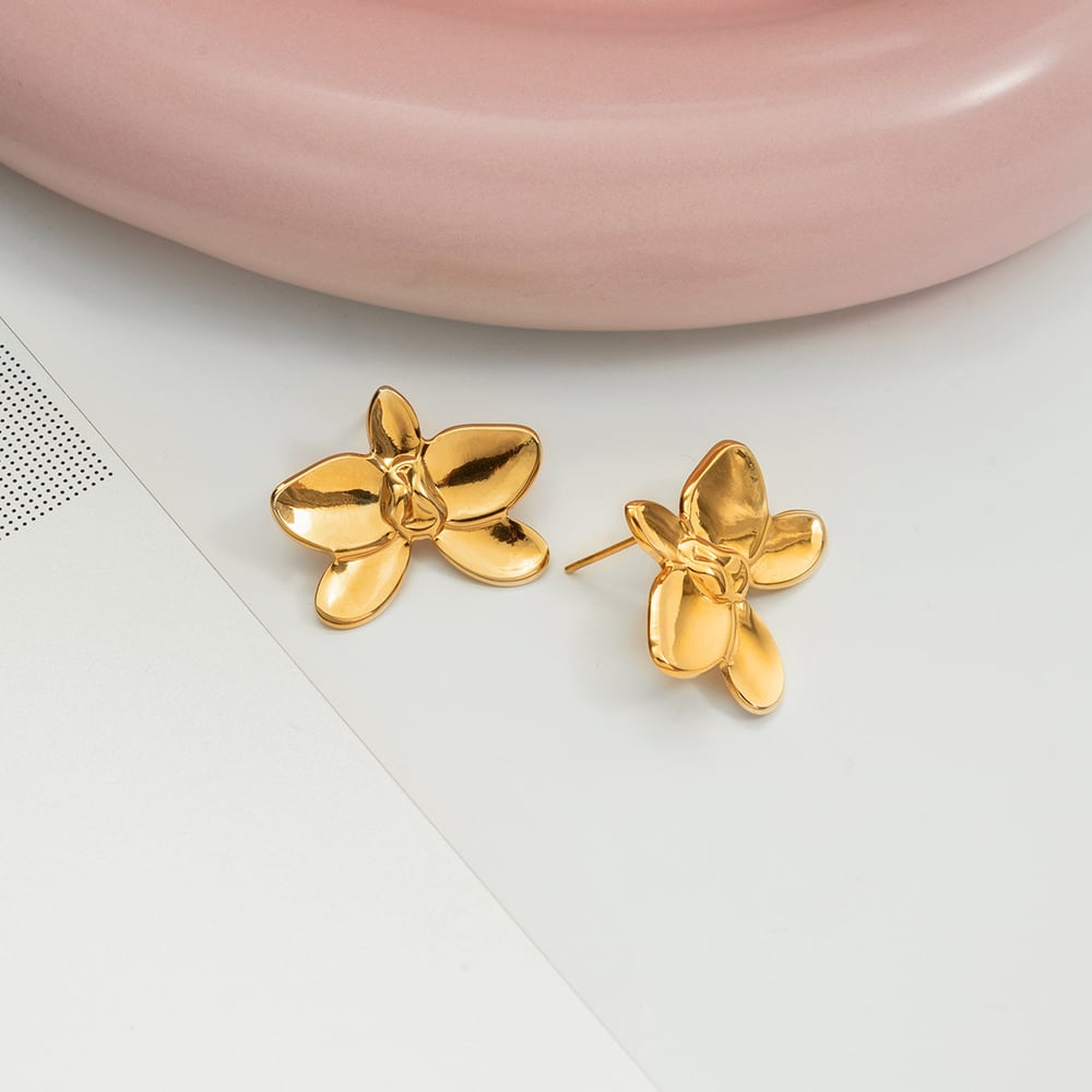 1 Pair Luxurious Phalaenopsis Stainless Steel Gold Color Women's Stud Earrings h5Picture5