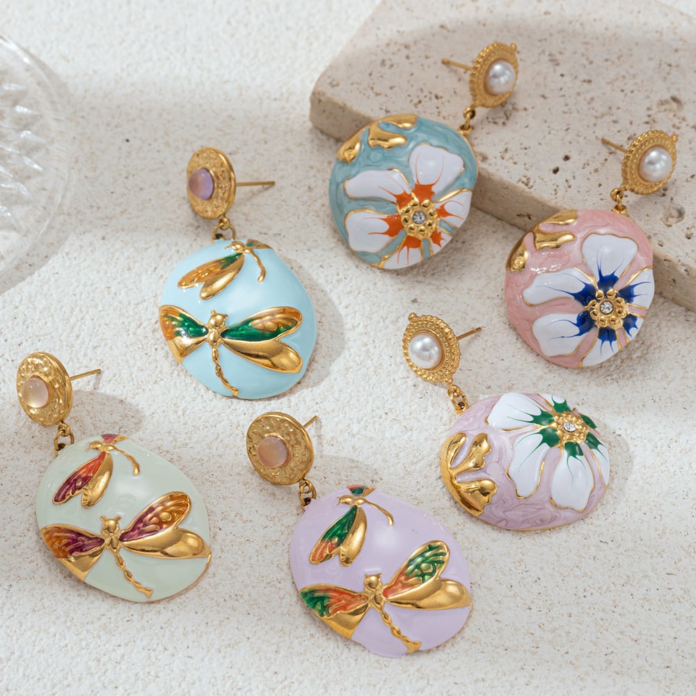 1 Pair Romantic Enamel Flower Stainless Steel  Gold Color Drop Earrings h5Picture3