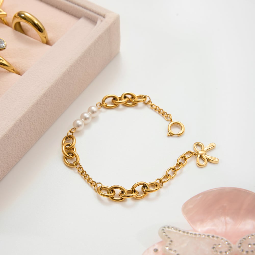 1 Piece Romantic Bow Knot Stainless Steel Gold Color Women's Charm Bracelets Picture6