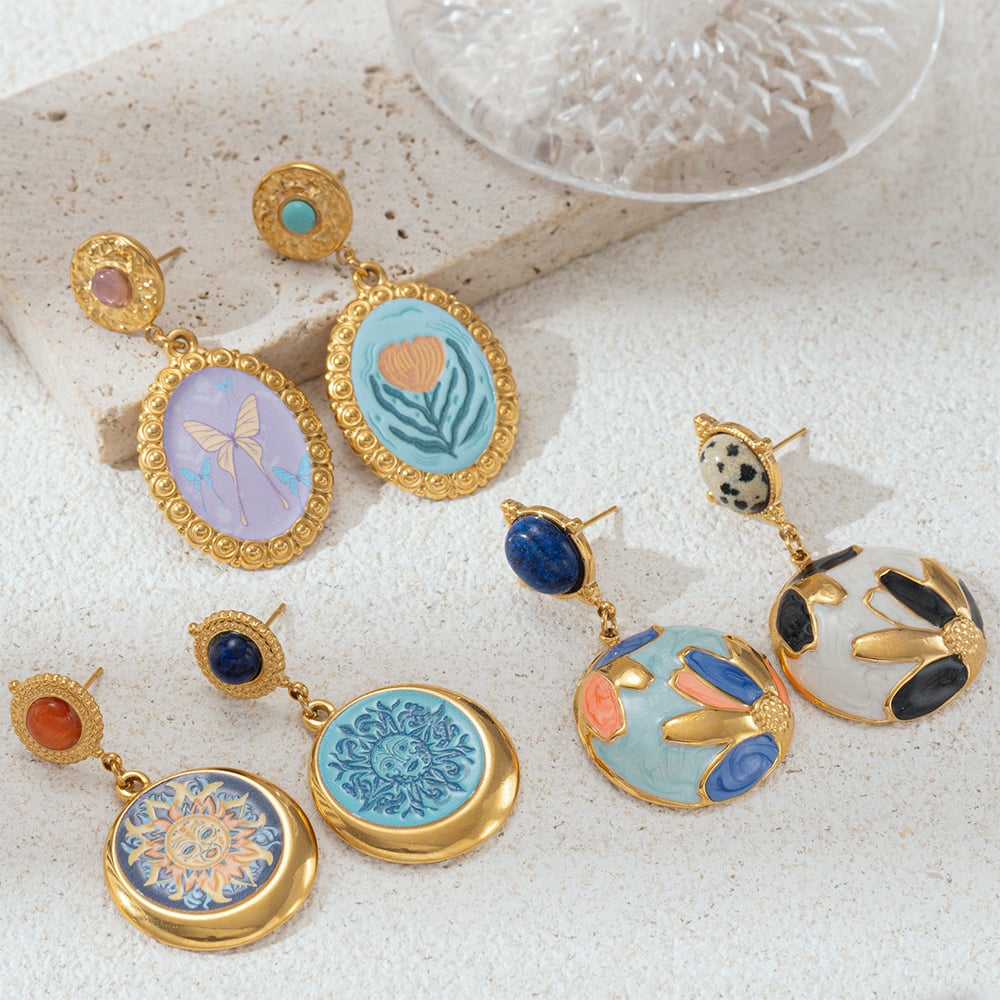 1 Pair Romantic Enamel Flower Stainless Steel  Gold Color Drop Earrings h5Picture2