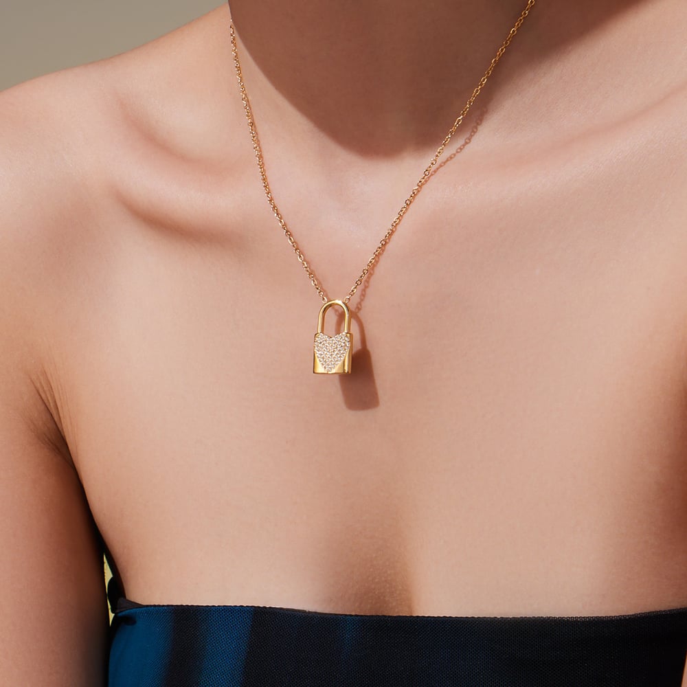 1 Piece Sparkling Lock Stainless Steel Gold Color Zircon Women's Pendant Necklaces Picture5