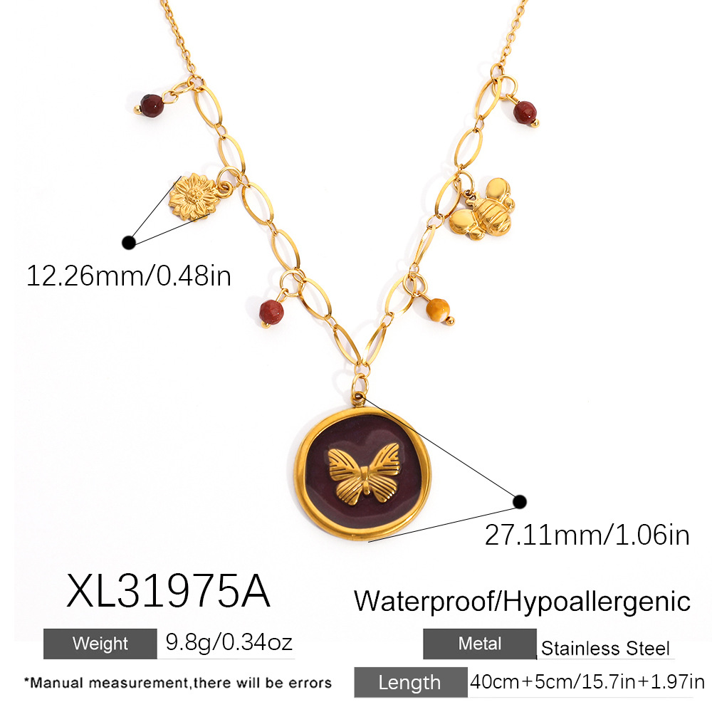 Collier avec pendentif en forme de papillon et de fleur en acier inoxydable pour femme, 1 pièce