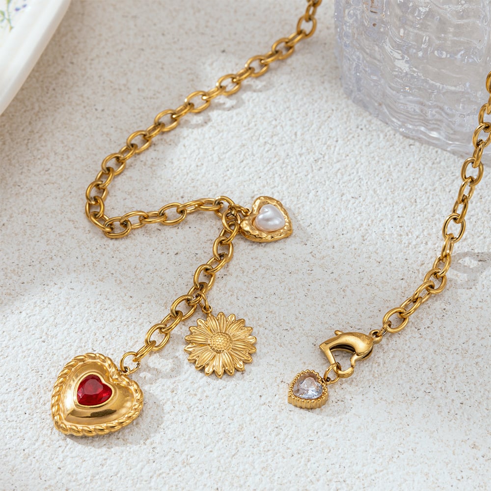 Herz Edelstahl Rot Achat Halsketten Set Bild4