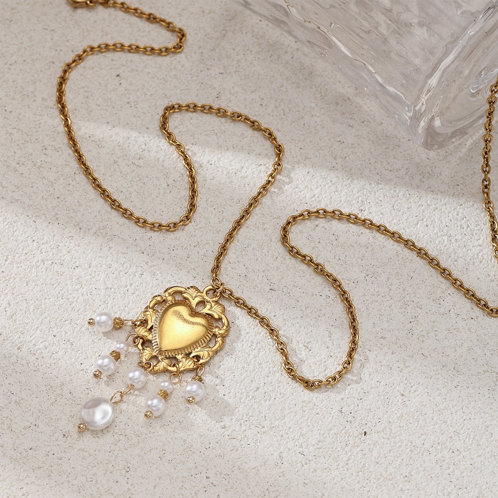 Heart Stainless Steel Gold Color Tassel Pearl Necklaces Set h5Picture4
