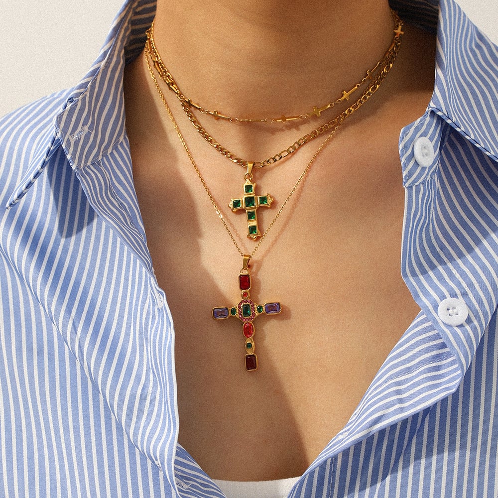 1 Piece Cross Stainless Steel Gold Color Zircon Pendant Necklace h5Picture3