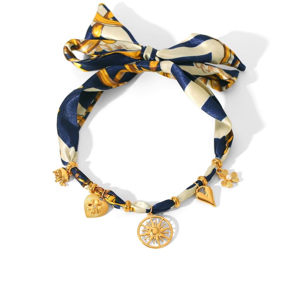 Stainless Steel Heart Gold Color Fabric Pendant Necklace Set