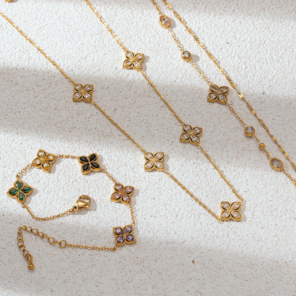 1 Stück elegantes Kleeblatt-Halsketten-Set aus Edelstahl in Goldfarbe mit Zirkonia Bild2