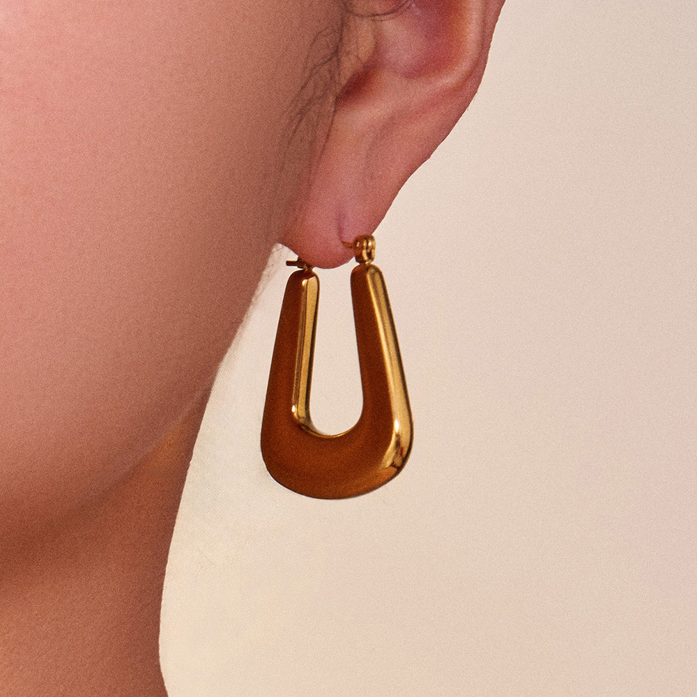 1 paire de boucles d&#39;oreilles créoles modernes en acier inoxydable doré, à lignes unies. Image4
