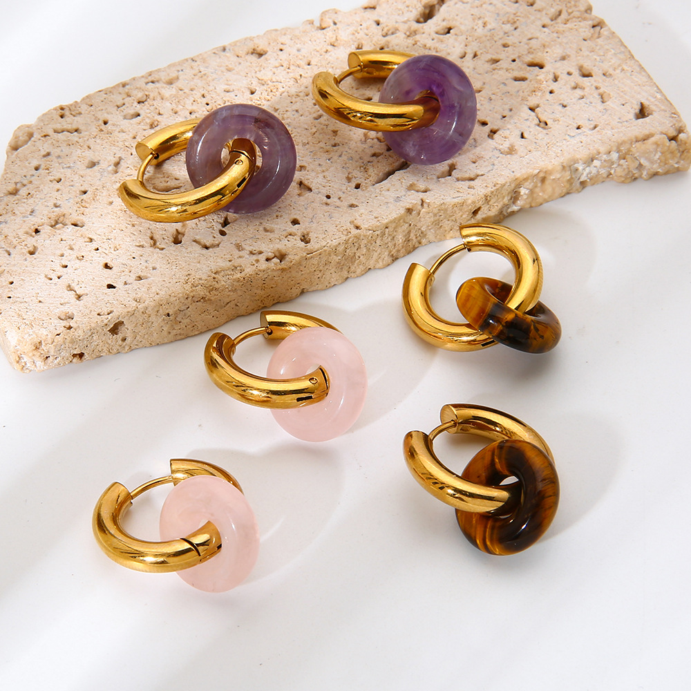 1 Paar Retro-Ohrhänger aus Edelstahl mit Naturstein in Goldfarbe Bild3