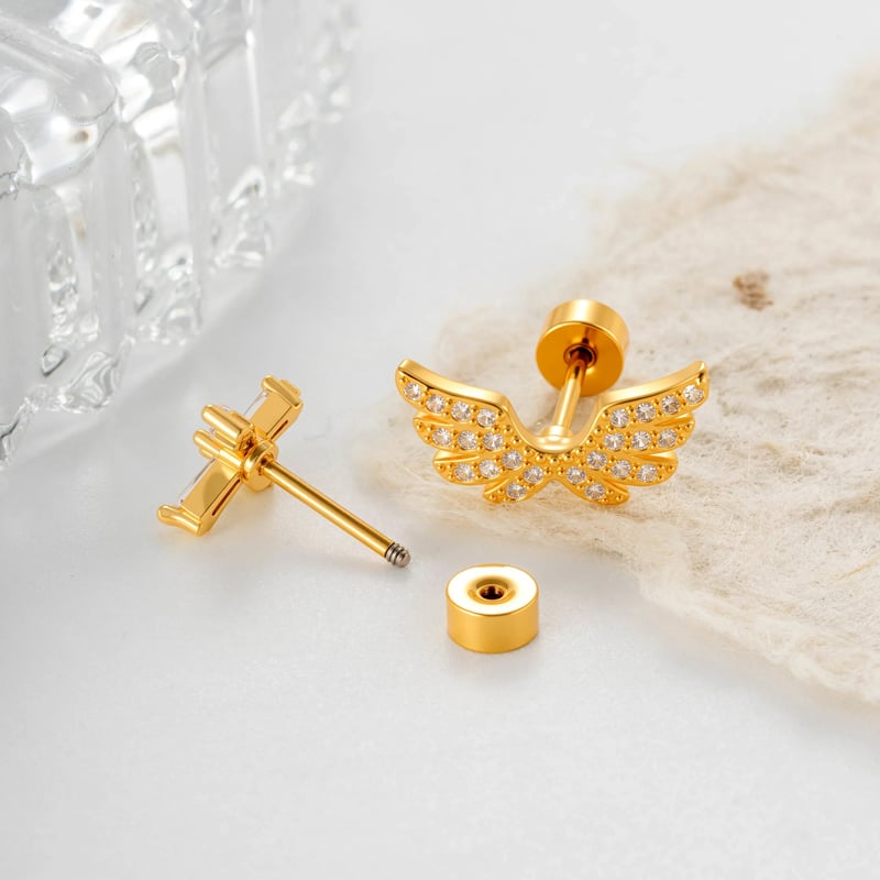 Boucles d'oreilles piercing femme en cuivre et zircon, motif ailes en croix (1 pièce) h5Image4