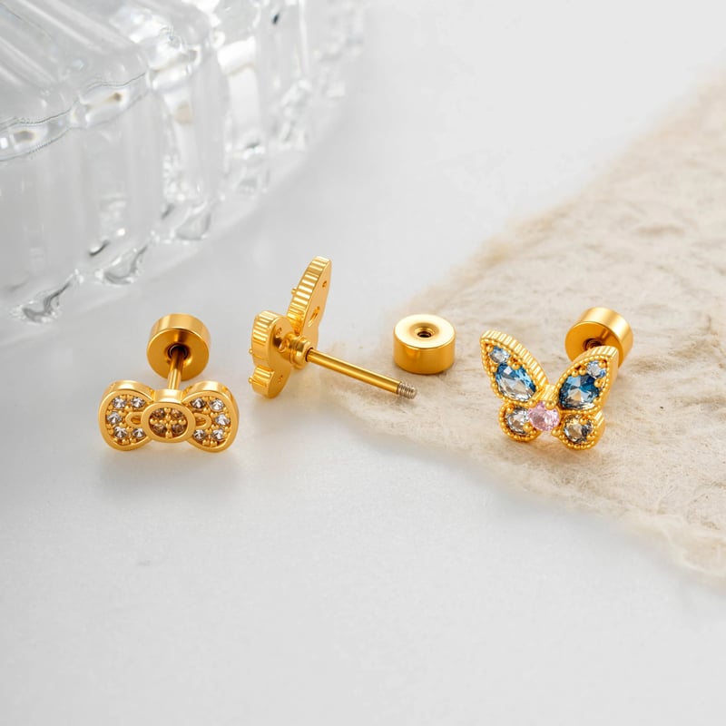 Boucles d'oreilles piercing femme, nœud papillon, couleur cuivre doré, zircon (1 pièce) h5Image3