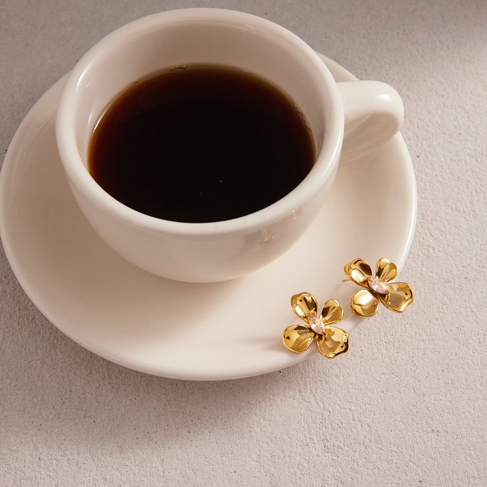 1 Pair Dazzling Flower Stainless Steel Gold Color Zircon Women's Stud Earrings h5Picture5