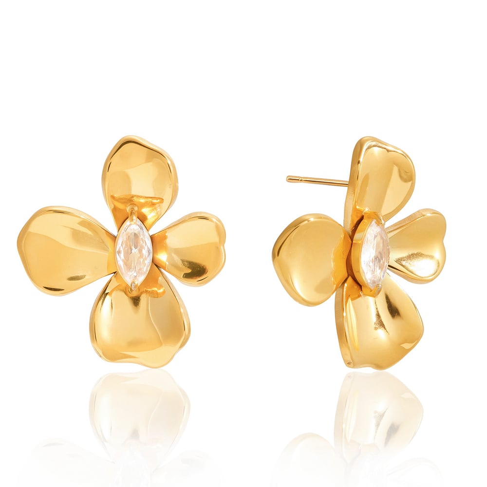 1 Pair Dazzling Flower Stainless Steel Gold Color Zircon Women's Stud Earrings