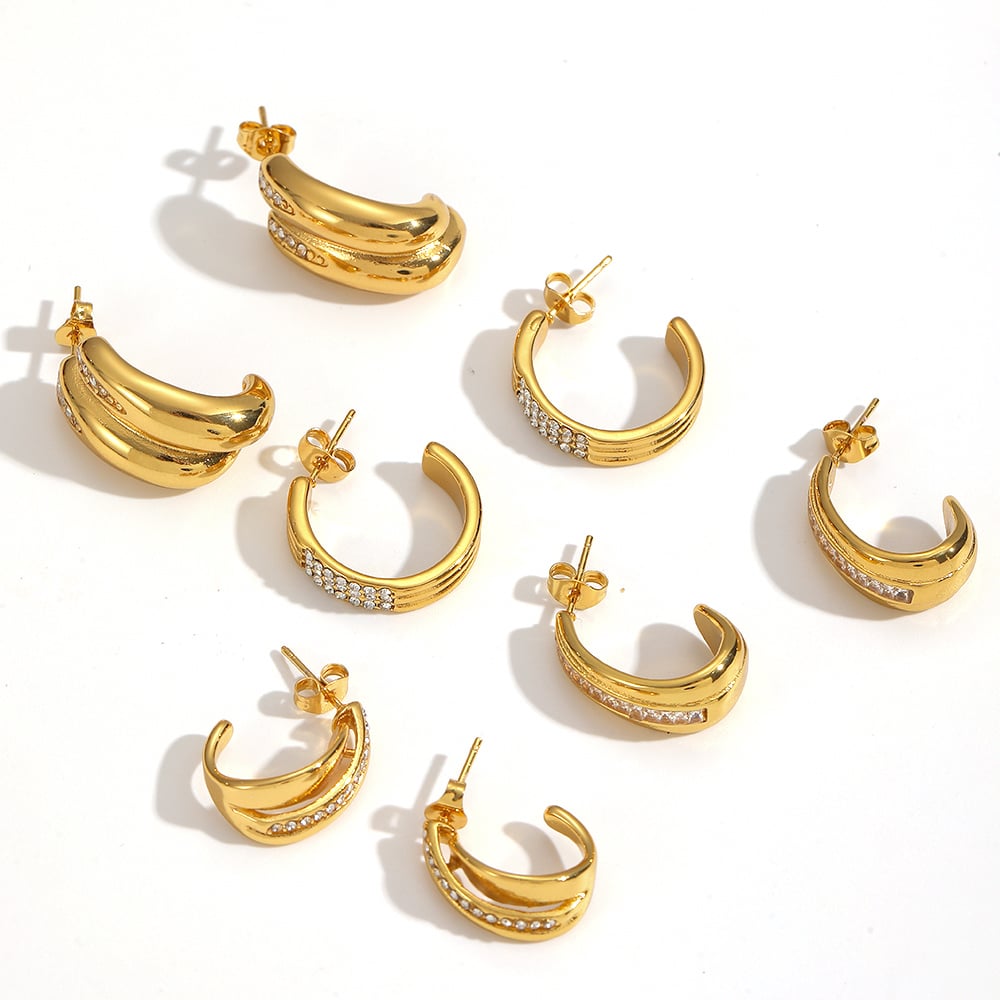 1 paire de boucles d&#39;oreilles créoles en acier inoxydable en forme de C avec strass Image3