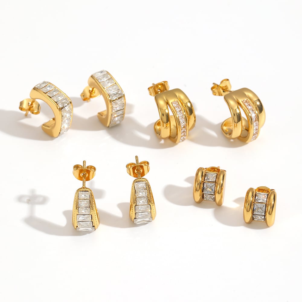 1 paire de boucles d&#39;oreilles créoles en acier inoxydable doré avec strass, en forme de C Image3