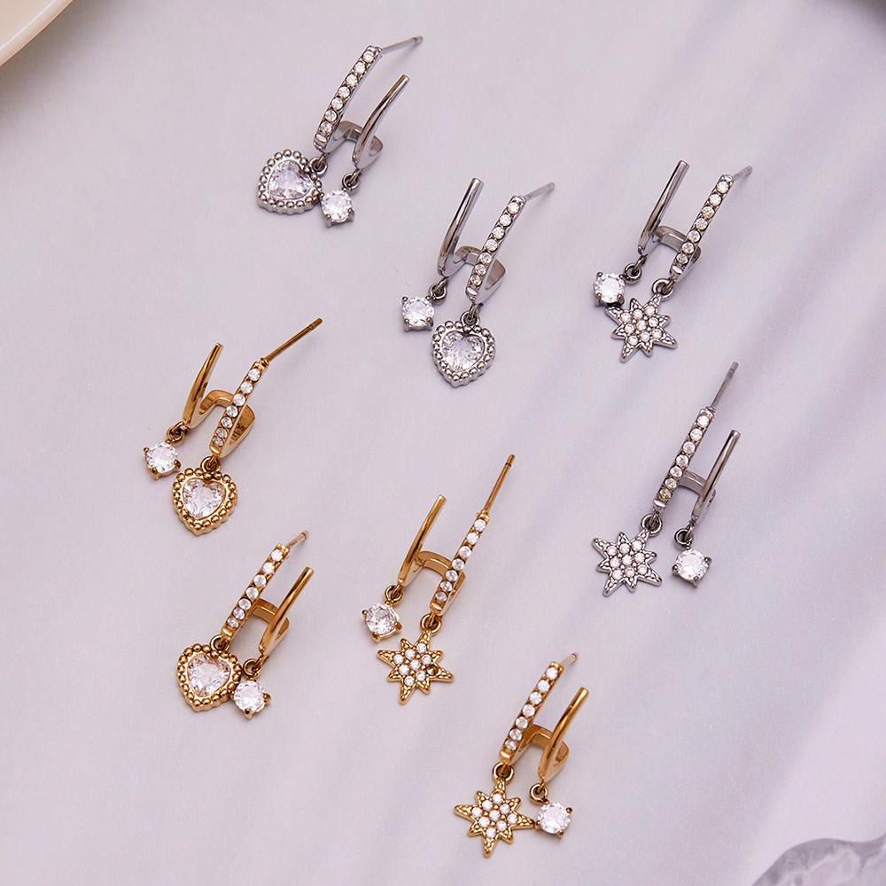 Boucles d&#39;oreilles pendantes pour femme, en acier inoxydable doré avec zircon, ornées d&#39;une étoile brillante (1 paire). Image3