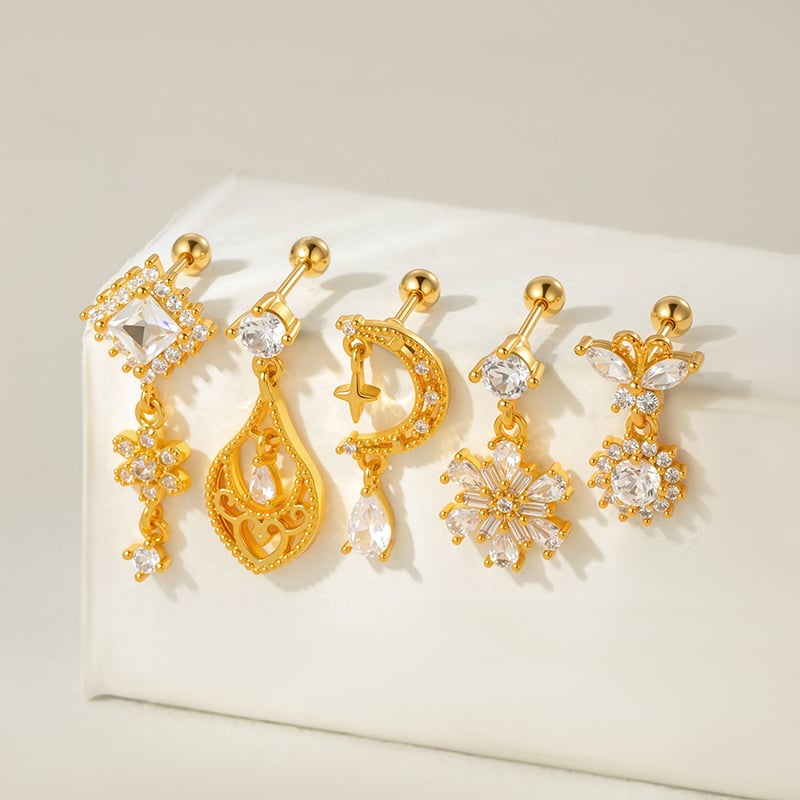 Boucles d'oreilles piercing femme, motif fleur sophistiqué, cuivre et zircon (1 pièce) h5Image5