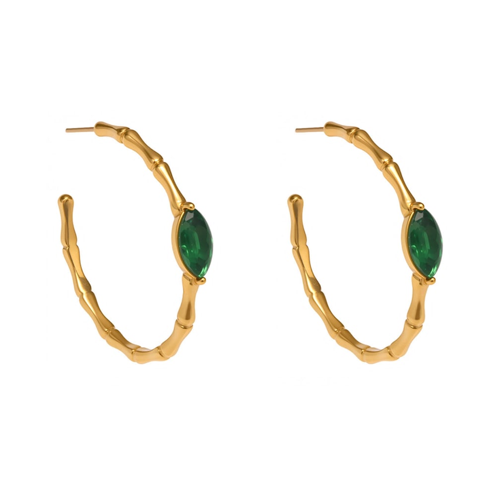 1 paire de boucles d&#39;oreilles créoles luxueuses pour femmes, en verre vert et acier inoxydable doré. 