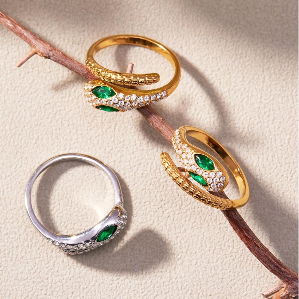 1 Piece Sparkling Snake Titanium Steel Gold Color Zircon Women's Gemstone Rings h5Picture5