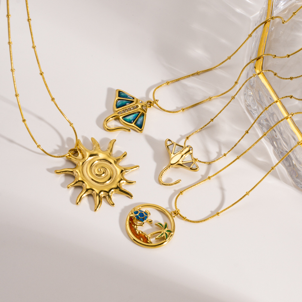Collier pendentif femme en acier inoxydable, motif soleil et océan, design tendance (1 pièce) Image3