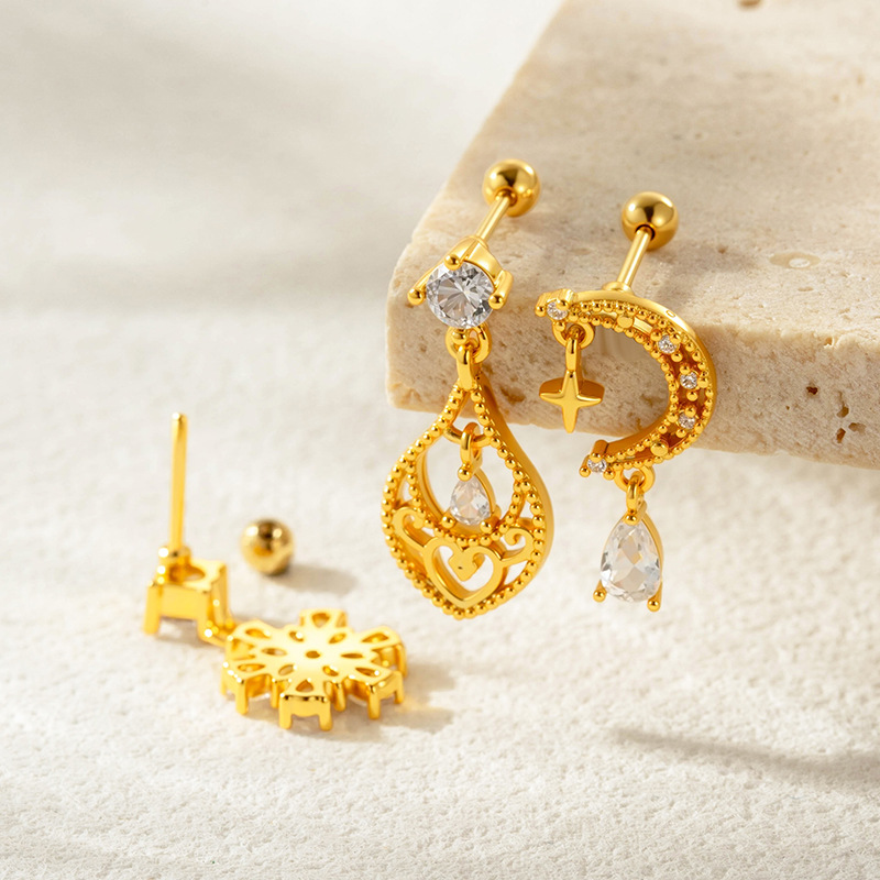 Boucles d'oreilles piercing femme, motif fleur sophistiqué, cuivre et zircon (1 pièce) h5Image4