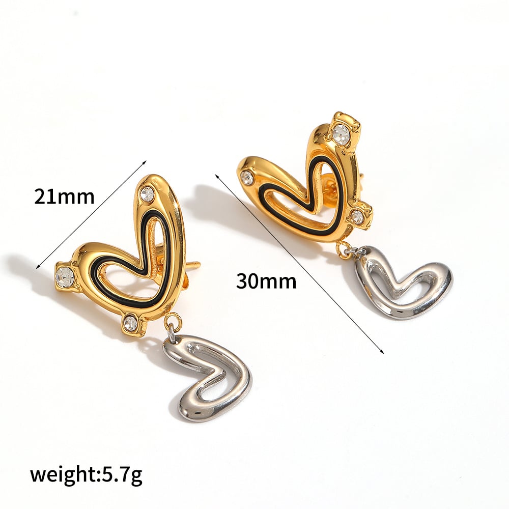 1 paire de boucles d&#39;oreilles pendantes classiques en forme de cœur, en acier inoxydable doré et ornées de strass 