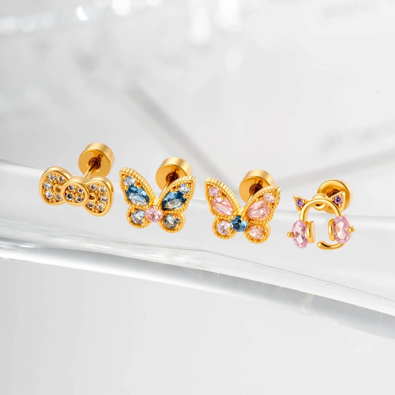 Boucles d'oreilles piercing femme, nœud papillon, couleur cuivre doré, zircon (1 pièce) h5Image4
