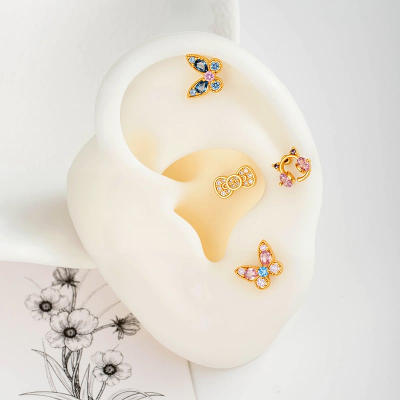 Boucles d'oreilles piercing femme, nœud papillon, couleur cuivre doré, zircon (1 pièce) h5Image5