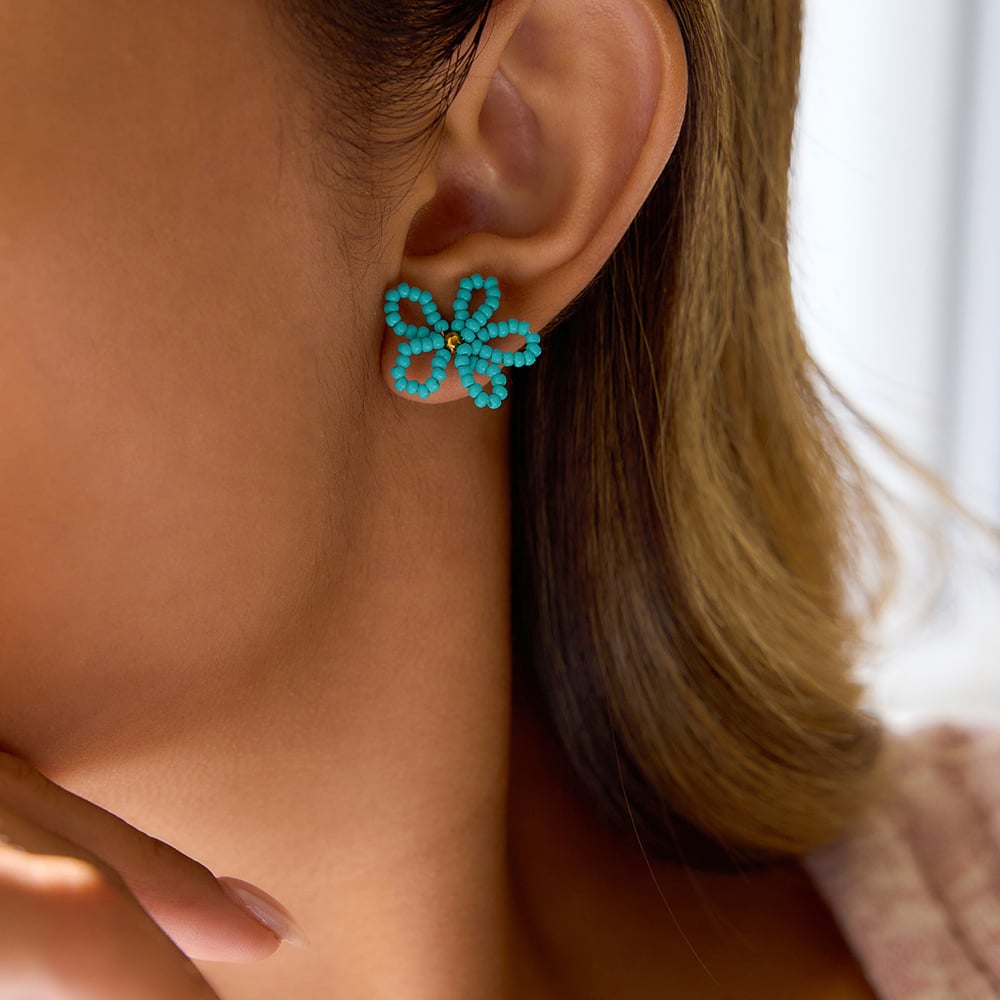 1 Pair Blue Flower Beads Stainless Steel Gold Color Women's Stud Earrings h5Picture4