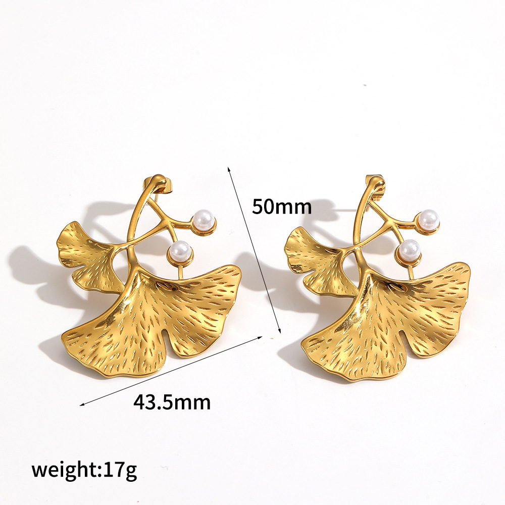 1 paire de boucles d'oreilles à clous en acier inoxydable doré avec perles, style rétro feuille
