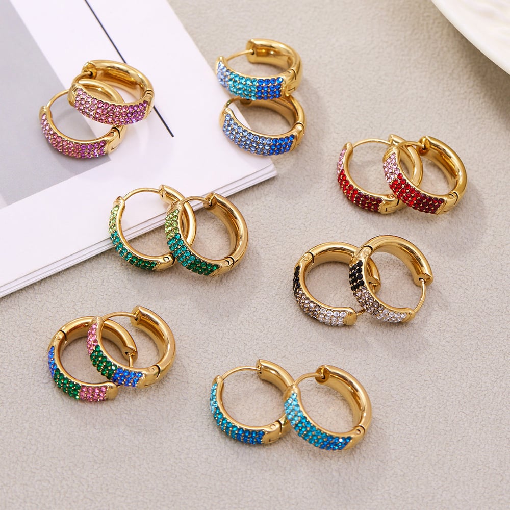 1 Pair Delicate Circle Stainless Steel Gold Color Zircon Women's Hoop Earrings h5Picture2