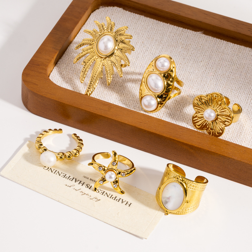 Bague tendance en acier inoxydable, ornée d'une fleur, au style décontracté et luxueux (1 pièce). Image2