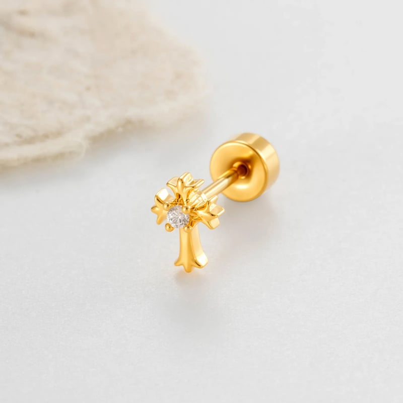 Boucles d'oreilles piercing femme en forme de croix, en cuivre et zircon (1 pièce)
