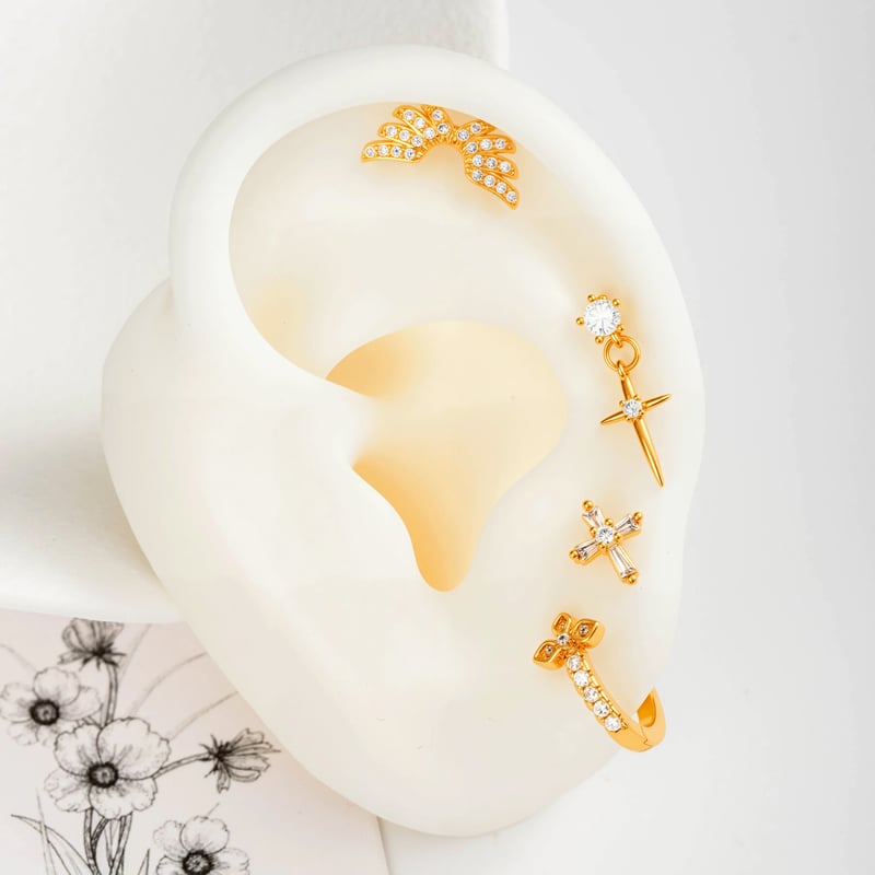 Boucles d'oreilles piercing femme en cuivre et zircon, motif ailes en croix (1 pièce) h5Image5