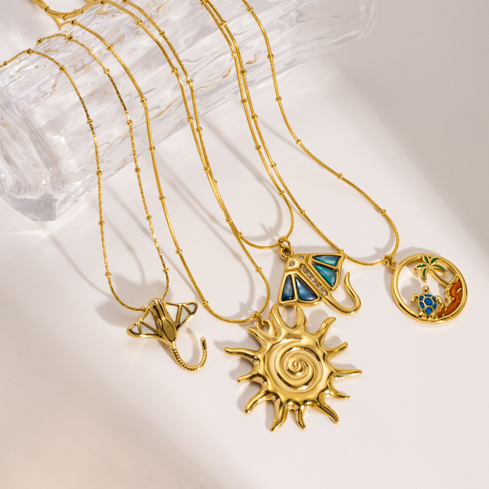 Collier pendentif femme en acier inoxydable, motif soleil et océan, design tendance (1 pièce) Image4