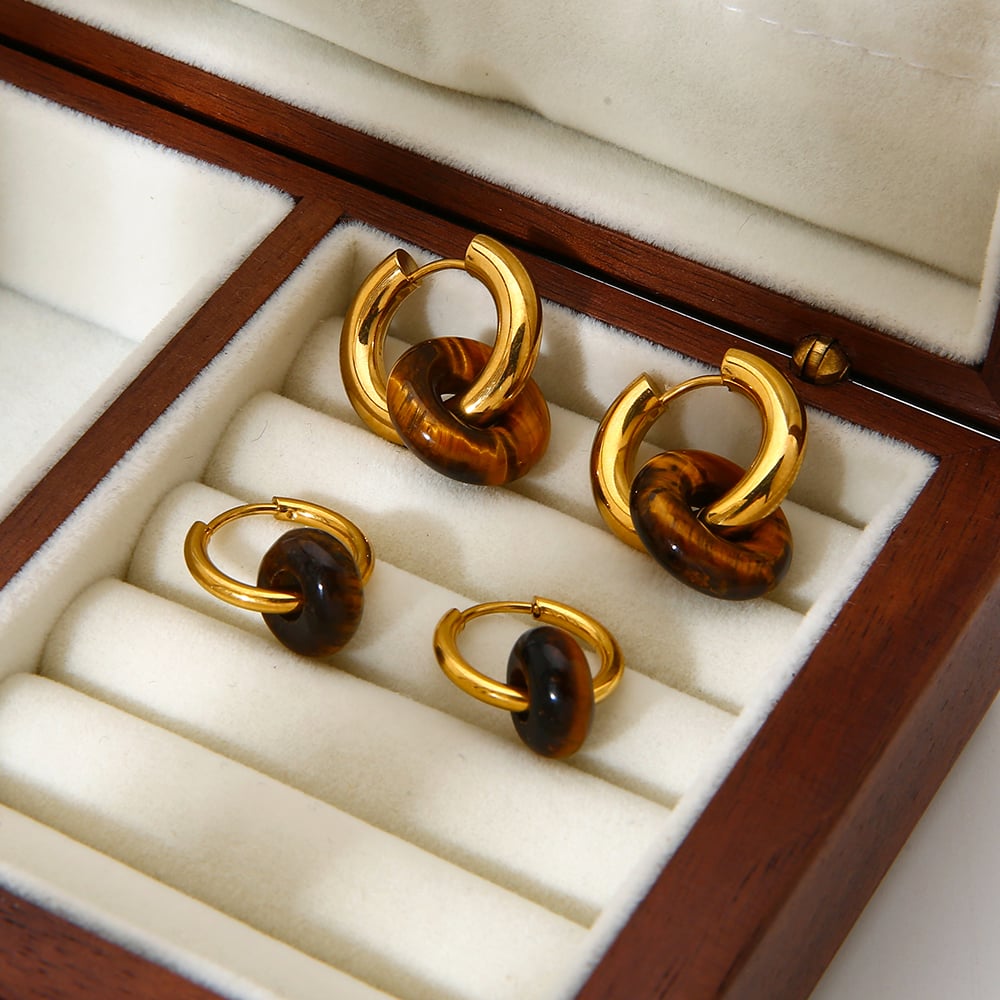 1 Paar Retro-Ohrhänger aus Edelstahl mit Naturstein in Goldfarbe Bild4