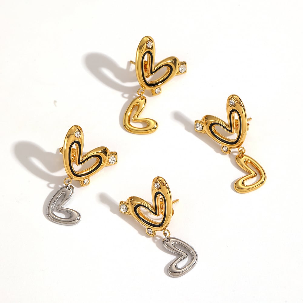 1 paire de boucles d&#39;oreilles pendantes classiques en forme de cœur, en acier inoxydable doré et ornées de strass Image3