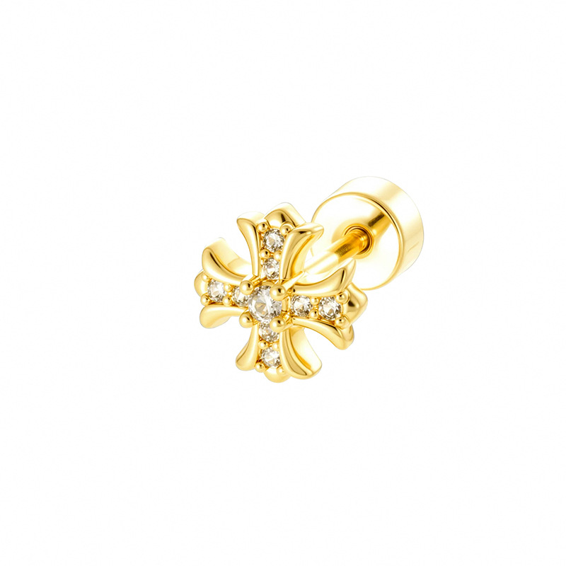 Boucles d'oreilles piercing femme en cuivre et zircon, simple croix (1 pièce)