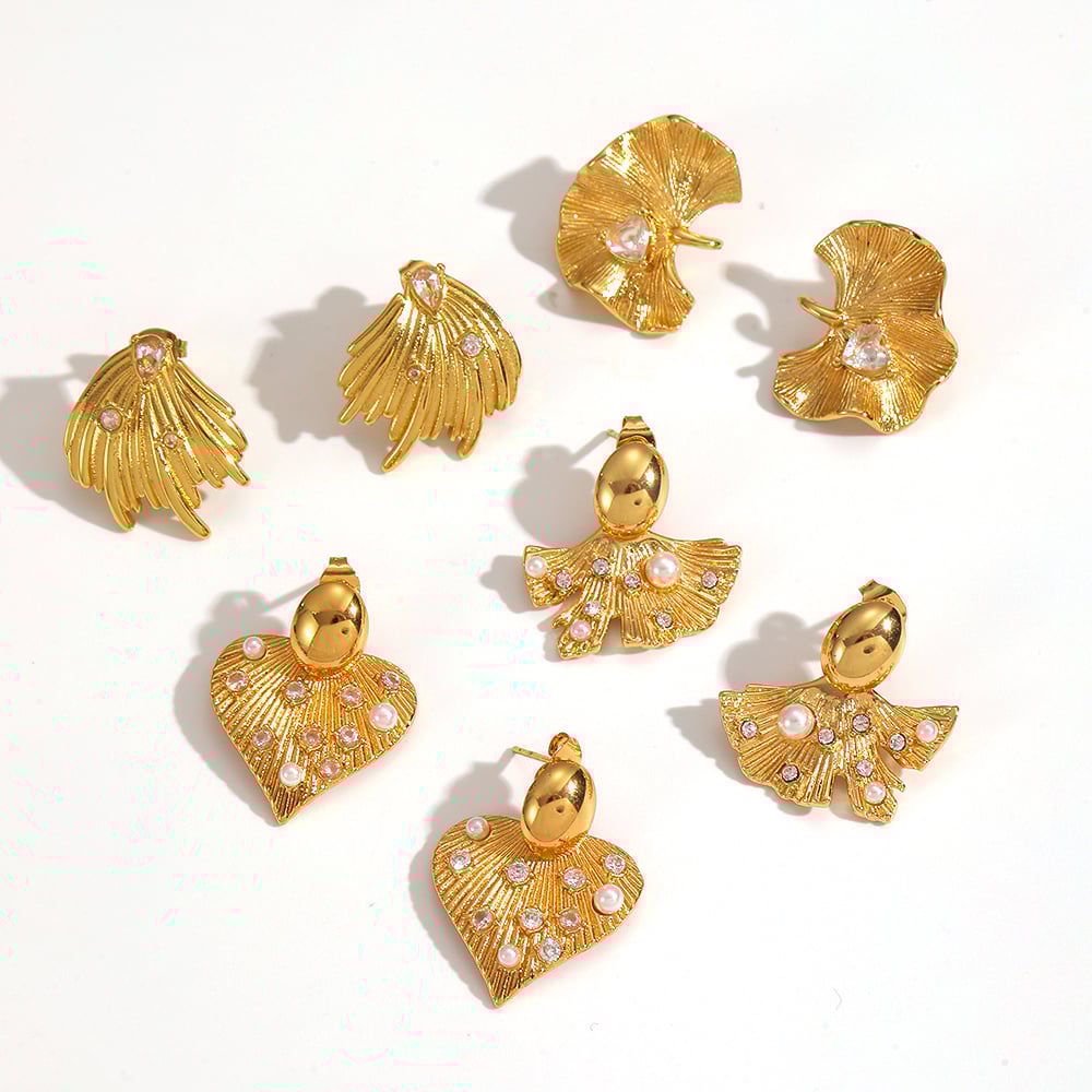 Boucles d&#39;oreilles à clous en forme de feuille, en acier inoxydable doré et strass (1 paire) Image3