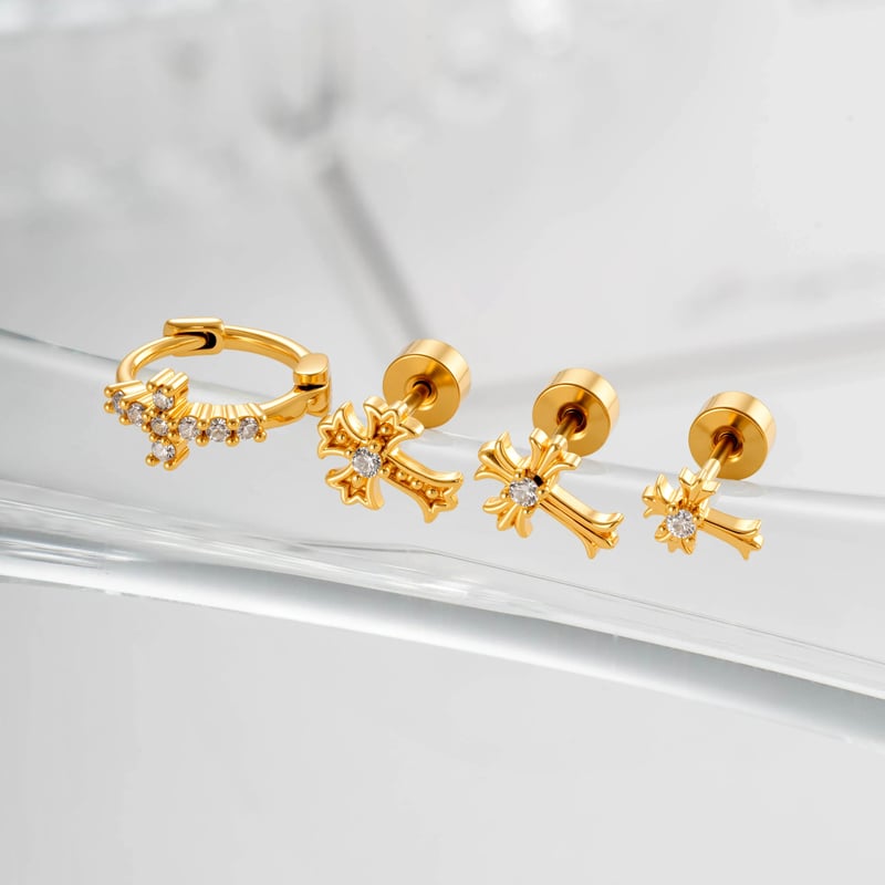 Boucles d'oreilles piercing femme en forme de croix, en cuivre et zircon (1 pièce) h5Image3
