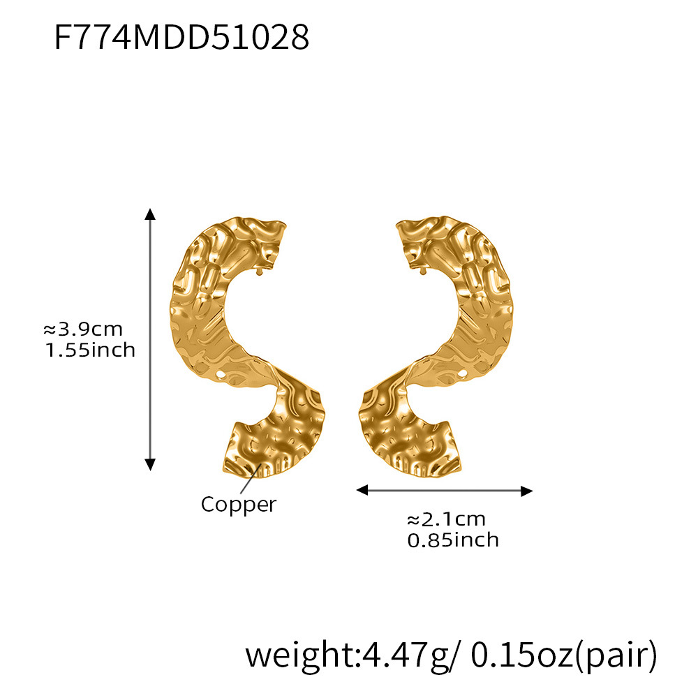 Boucles d&#39;oreilles puces pour femme, en acier inoxydable doré, motif martelé en forme de S (1 paire) Image2