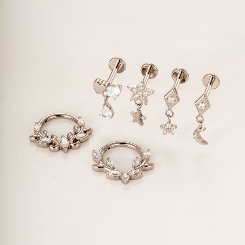 Boucles d'oreilles piercing femme en titane et zircon, motif feuille simple (1 pièce) h5Image3
