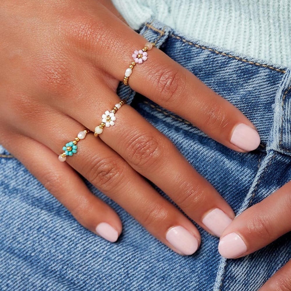 Beaded Flower Ring With Pearl Picture4