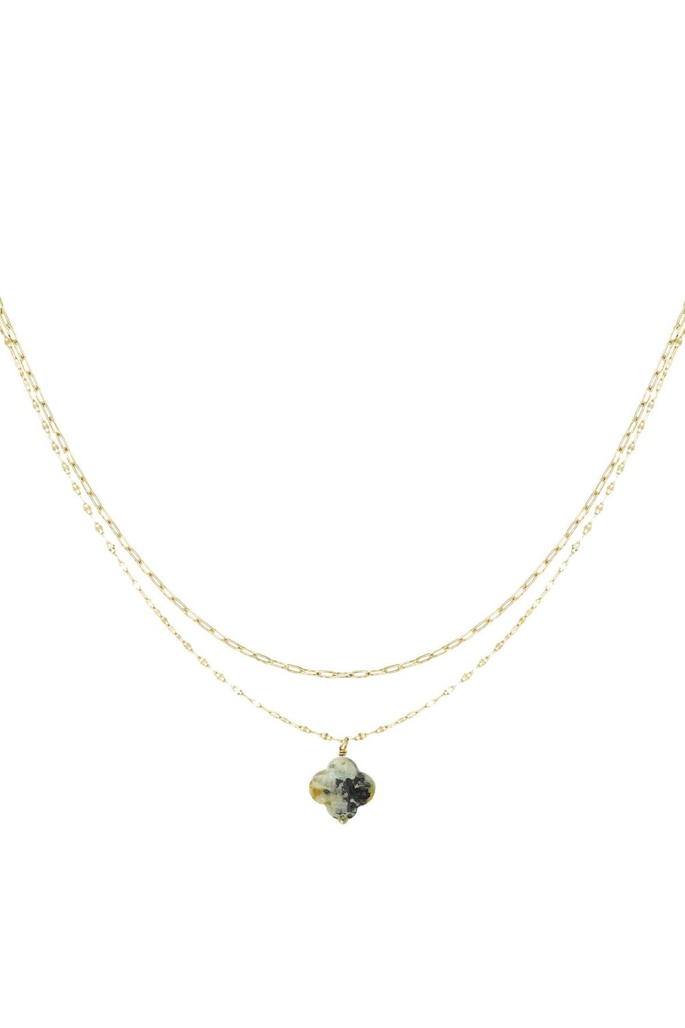 Double necklace with clover pendant - Natural stones collection Green & Gold Color Stainless Steel